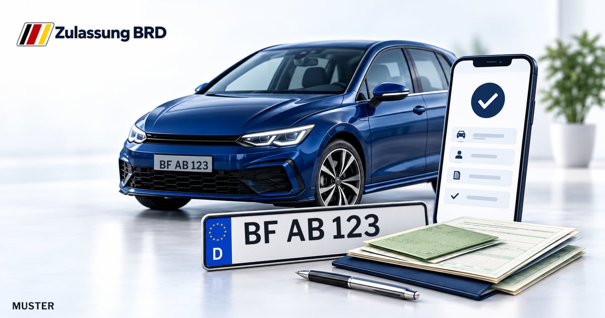 Online Fahrzeugzulassung in Neuenkirchen: Musterkennzeichen BF AB 123, Auto und Fahrzeugpapiere und Smartphone. Illustration mit Logo von Zulassung BRD.